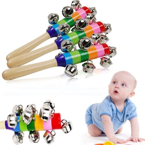 Babys Bell Rattle Rainbow Shaker Stick Educational Toy Handle Wooden Activity Bell Ring Rainbow Musical Instrument MU670872