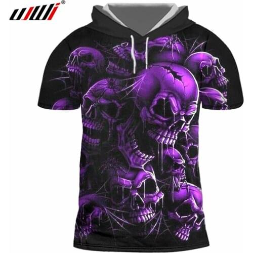 UJWI Mens Hooded Tshirt New Summer Top Print Purple Skulls 3d Cap T-shirts Hoodies Hombre Short Sleeve Slim Fit Shirts With Hood
