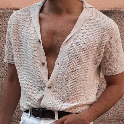 2021 Solid Knitted Cardigan Polo Shirts Spring Summer Mens Short Sleeve Sexy V Neck Buttons Cotton Clothing