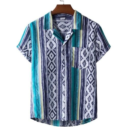 Male Shorts 2021 Summer New Mens Short-sleeved Shirt Hawaiian Floral Shirt Ethnic Style Suit Collar Flower Shirt