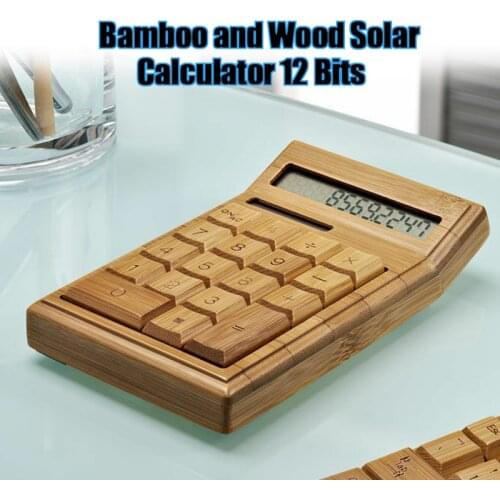 Functional Desktop Calculator Solar Power Bamboo Calculators with 12-digit Large Display Home Office PUO88