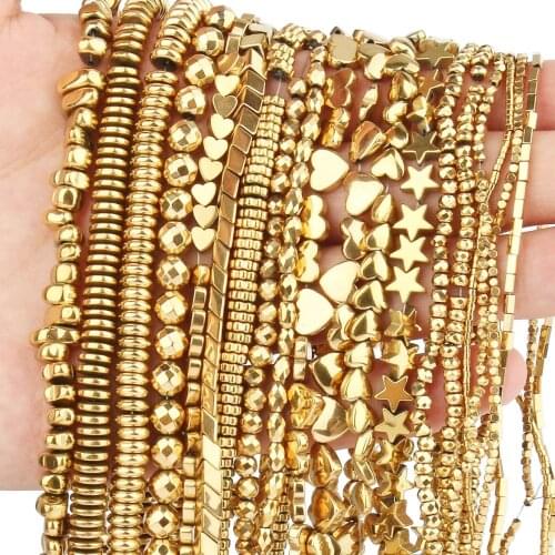 Natural Stone A+ Real Gold Plated Hematite Beads Color Retention Star Heart Cube Spacer Beads for Jewelry Making DIY Bracelet