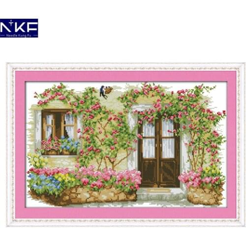 NKF Rose Cabin Chinese Cross Stitch Pattern DIY Needlework Embroidery Scenery Cross Stitch for Home Decor