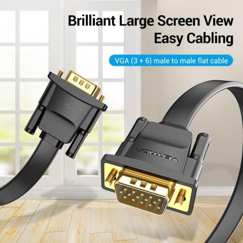 Vention Brand VGA (3+6) Male to Male Flat Cable 1080P HD PVC Gold-plated Pure Copper Conductor Projector Monitor 1m 2m 3m 4m 5m