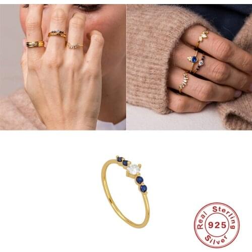 Aide Boho Vintage Blue CZ Finger Rings for Women Stackable Wedding Statement Authentic Sterling Silver 925 Jewelry Korean Ring