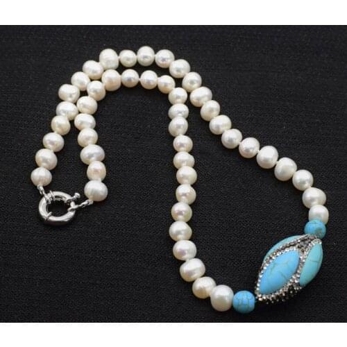 Freshwater Pearl white round 8-9mm +green howlite Turquoise necklace 45cm Wholesale for women xmas gift