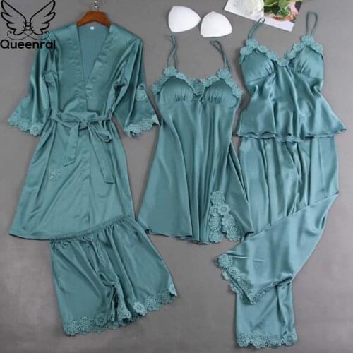 Queenra 5PCS Pajamas Set Silk Satin Womens Lace Nightwear Pyjamas Suit Female Lounge Sleepwear With Chest Pads Nighties