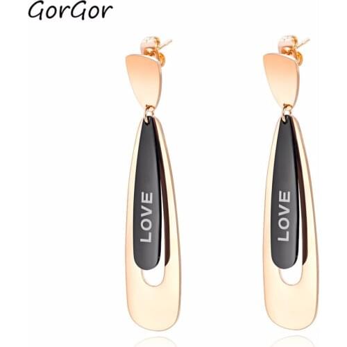 GorGor New Fashion Exquise Durable Style Rose-plated Gold Two-color Drop-shaped Love Titanium Steel Women Earrings 562