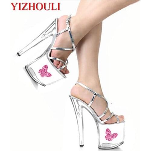 The Hong Kong and Taiwan star silver transparent 20 cm tall color performance dance shoes, high heel sandals