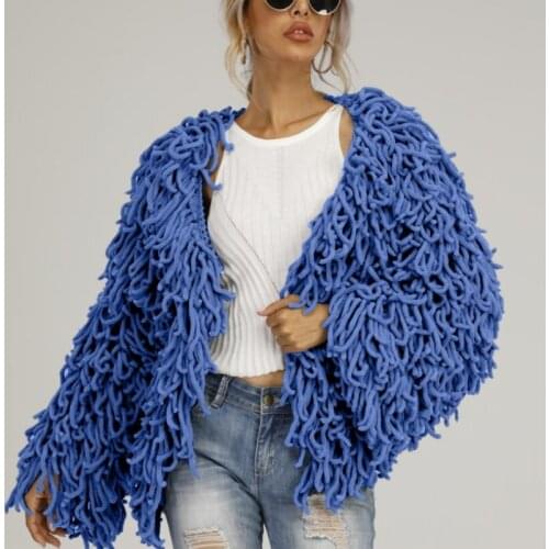 Chic Fall Coarse Yarn Knitted Wool Hollow Tassels Crocheted Fuzzy Cardigan Fringed Sweater Coat Hooked Jacket Pullovers OL Tops