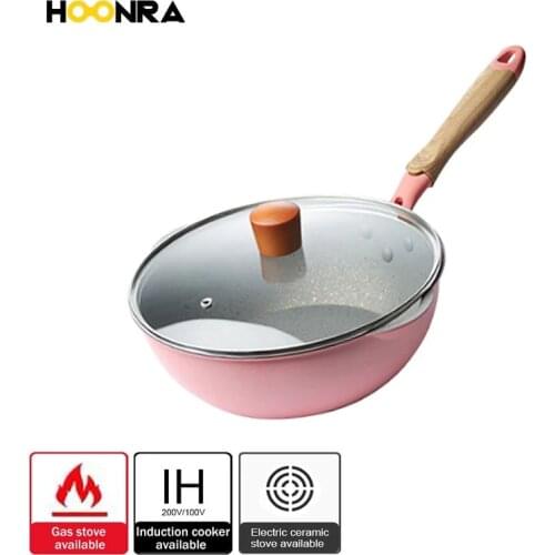 HOONRA Aluminum Alloy Frying Pan Maifan Stone Wok With Handle and Lid Japanese Style Non-stick Pan Heat Resistant Cooker Cooking