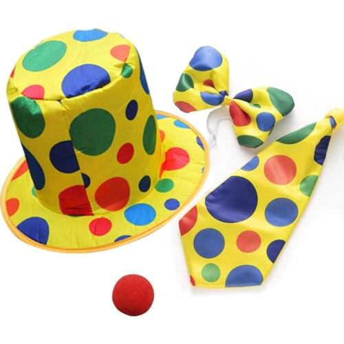 Funny Party Halloween Clown Costume Clown Polka Dots Hat Tie Nose Cosplay Prop Circus Accessories Set Pack