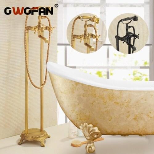 Shower Faucets Luxury Floor Stand Bathtub Faucet Free Standing Bathroom Taps Antique Telephone Shower Set Output Crane HJ-6051