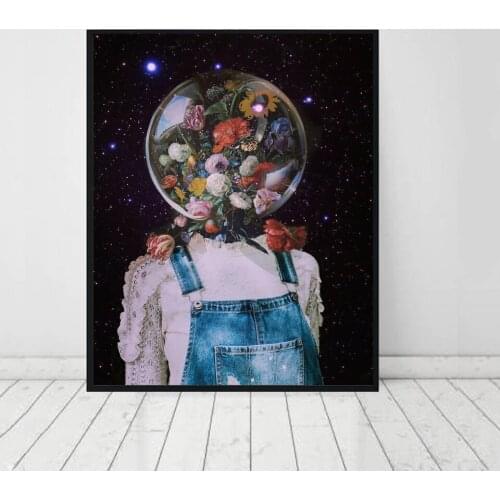 Surrealism Vintage Flower Girl in Starry Sky Artwork Posters and Prints Canvas Art Painting Wall Picture for Bedroom Home Decor