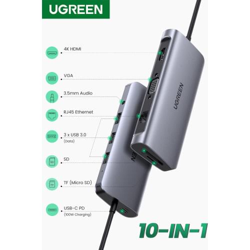 UGREEN USB C HUB 10 in 1 USB Type C to HDMI 4K USB 3.0 VGA PD 3.5mm Full Function HUB for MacBook/Pro/Air iPad Pro USB C HUB