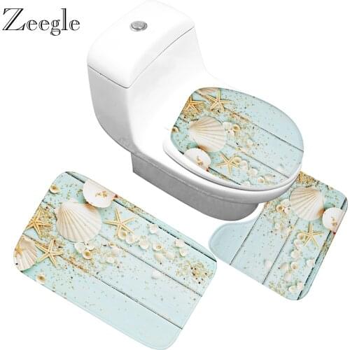 Zeegle 3pcs/set Non-Slip Flannel Bathroom Bath Mat Printed Toilet Pedestal Rug Bathroom Floor Mat Foot Pad