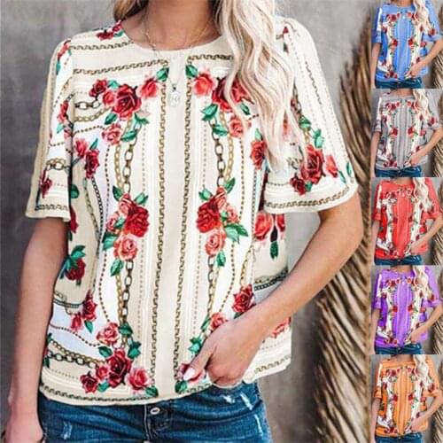 Spring and Summer New Womens Round Neck Short Sleeve T-shirt Printed Top