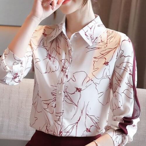 Long Sleeve Women Blouses Shirts Blusas Mujer De Moda 2021 Blouse Women Turn Down Collar Office Print Chiffon Blouse Shirt D459