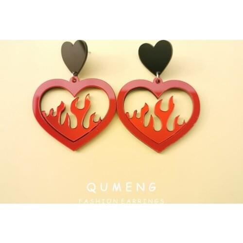 QUMENG Korean Flame Heart Exaggerated Acrylic Earrings For Women Personality Heart breaker stud Earrings hip hop punk nightclub