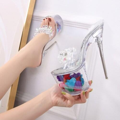 Flowers Women Slippers Summer Crystal Slipper Thin Heels 17/20CM Transparent Cool Slippers Pole Dancing Shoes Women Wedding Shoe