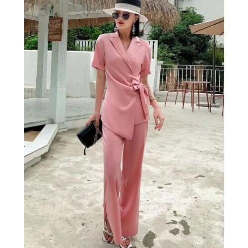 Women Two Pieces Suits 2021 New Style Fashion Lady Blazer Coat Collar Silk Blouse Tops Belt+Long Wide Leg Split Trousers Sets