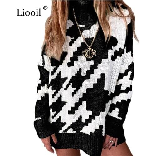 Liooil Houndstooth Women Turtleneck Sweaters Loose Casual Ladies Jumpers Autumn Color Block Pullovers Thick Black Sweater Winter
