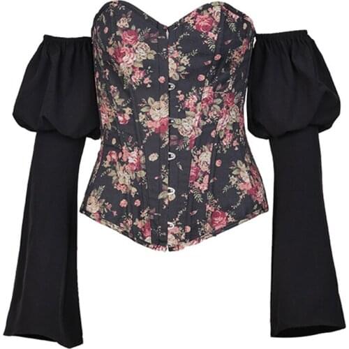 Women Long Flare Sleeve Crop Top Patchwork Floral Print Corset Sexy Cropped Tube Tops 2020 Spring Streetwear Outfits T-shirts