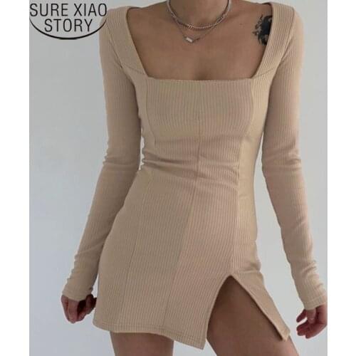 Sexy Hipster Dress with Square Neck Summer Long Sleeve Dress Mini Knitted Dresses Khaki Black Dresses Vestido Feminino 14638