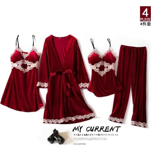 Burgundy Winter Velour Pajamas Sets Womens 4PC Strap Top Pantsuit Sleepwear Casual Home Wear Nightwear Sexy Robe Bath Gown