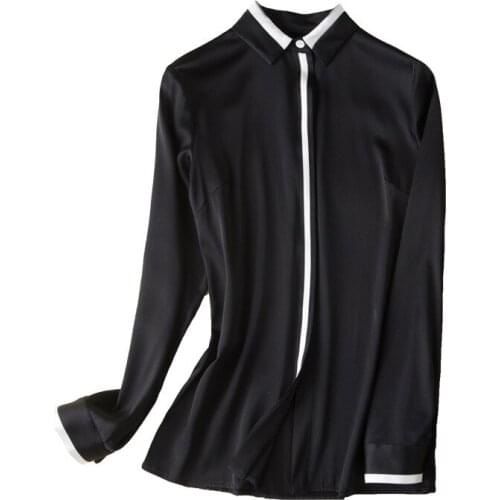 2019 Women 95% Silk Shirts New Long Sleeves White and Black Splicing T-shirt OL Silk Shirts Luxury Shirts Temperament T-shirt
