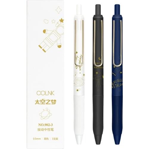 3Pcs/set Space Bronzing Retractable Gel Pen 0.5mm Bullet Black Smooth Ink Sign Pen Metal Clip Office Cute School Stationery Gift