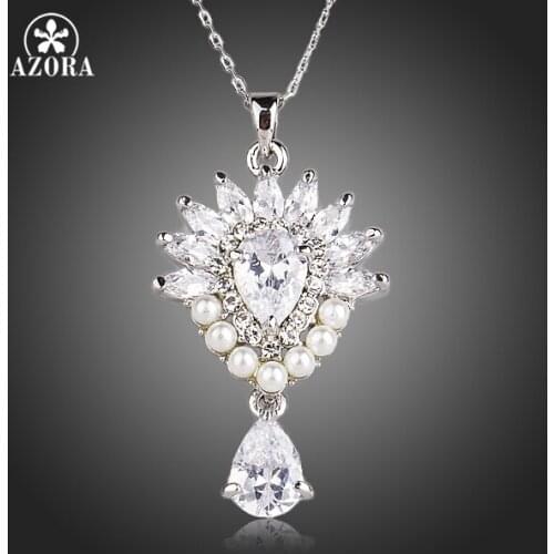 AZORA Sunflower With 7pcs Imitation Pearl Clear Waterdrop Cubic Zirconia Pendant Necklace TN0135