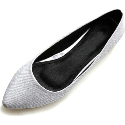 New Leather Lining Women Leather Flats Canvas Silver Basic Pointy Toe Ballerina Ballet Flat Slip On Wedding Shoes