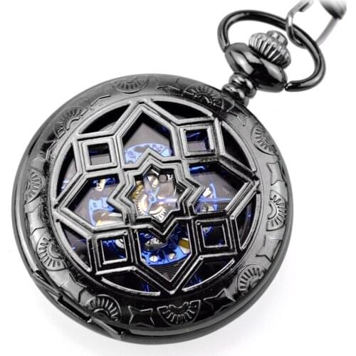 Antique Skeleton Mechanical Hand Wind Flip Double Display Pocket & Fob Watches Black Mens Watches Pendant Fathers Day Gift