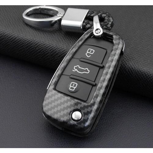 Flip Key Cover Chain For Audi A1 A3 Q3 Q7 TT Carbon Fiber Keychain Ring Hard Case Fob Shell