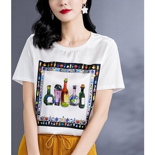 Summer Women Casual Tees White Black Tops O-neck Short Sleeve Print Loose Tee Shirts Real Silk Patchwork Cotton Lady T-shirt