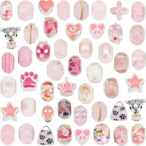 Julie Wang 40PCS Pink European Beads Round Resin Glass Enamel Big Hole Spacer Beads Bracelet Jewelry Making Accessory