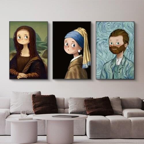 Cute Retro Famous Painting Mona Lisa Wall Art Canvas Painting Nordic Posters And Prints Wall Art for Home Decor (No Frame)