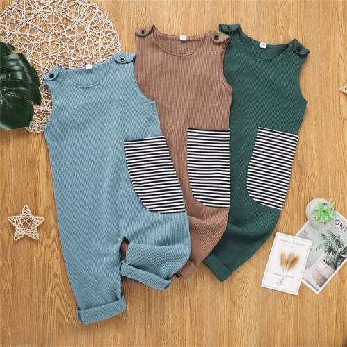2021 Children Clothes Boys Toddler Kids Baby Girls Rompers Sleeveless Overalls Suspender Pants Jumpsuit Striped Pocket Clothes