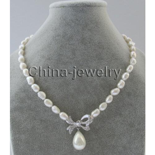 Beautiful 9-12mm white baroque freshwater pearl necklace 17 " + 16mm shell pearl pendant