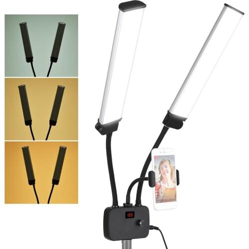 Beauty LED Fill Light Flexible Double Arms LED Video Lights 3200/4500/5600K 3 Lighting Modes 45W Phone Holder for Live Streaming