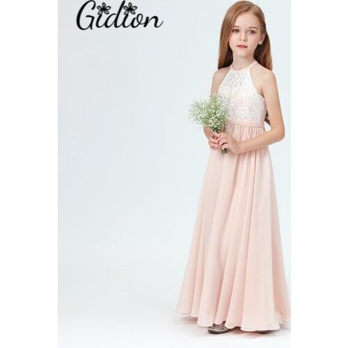 New Girls Lace Bridesmaid Dresses For Wedding Pleated Floor Length Girl Beach Wedding Guest Party Princess Gowns Long Prom Dress