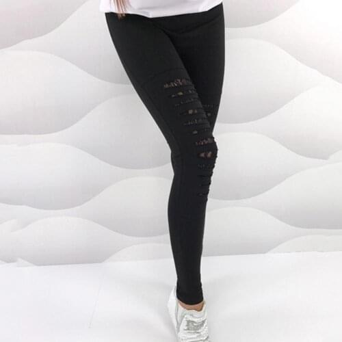 70% Hot Sell Women Ripped Lace Patchwork Leggings Stretch Solid Color Skinny Pencil Pants