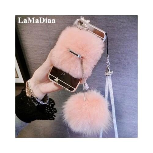 Fashion Rabbit Fur Phone Cover For Samsung S7 S8 S9 S10 S20 Plus Note 5 8 9 10 20 Pendant Fur Ball Ring Holder Soft Mirror Case