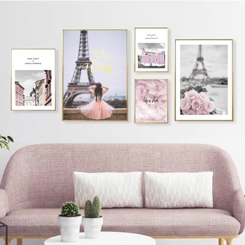 Flowers Tower Girl Wall Art Canvas Fashion Poster Pink City Landscape Print Painting Nordic Decoration Picture Living Room Decor