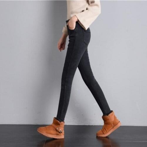 New Woman High Waist Jeans Autumn Winter Fleece Warm Skinny Denim Trousers Womens Classic Black Blue Slim Lady Pencil Pants