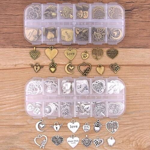 1Set 60Pcs/Lot 2 Color 12 Styles Love Heart Charm Letter Tree Pendant With Box Material For DIY Jewelry Necklace Bracelet Making