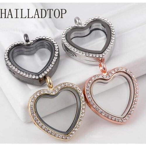 Heart Rhinestone Charms Memory Photo Glass Locket Pendant Necklaces Magnetic Glass Floating Charm Lockets With Chain Gold