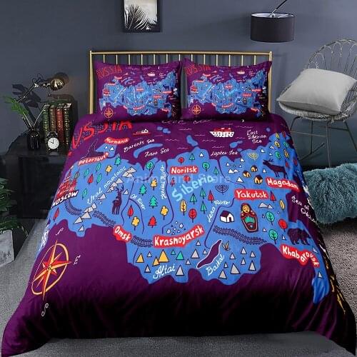World Map Bed Bedding Set Modern 3d Bed Linen Quilt Duvet Cover Sets Textile Decor Twin Single Queen King Size Fashion Purple