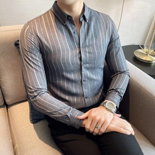 Business Casual Shirt for Men 2021 Autumn Long Sleeve Slim Striped Shirt High-quality Social Office Formal Dress Tops Streetwear